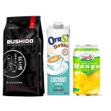 Кофе зерно, сок манто и растительный напиток